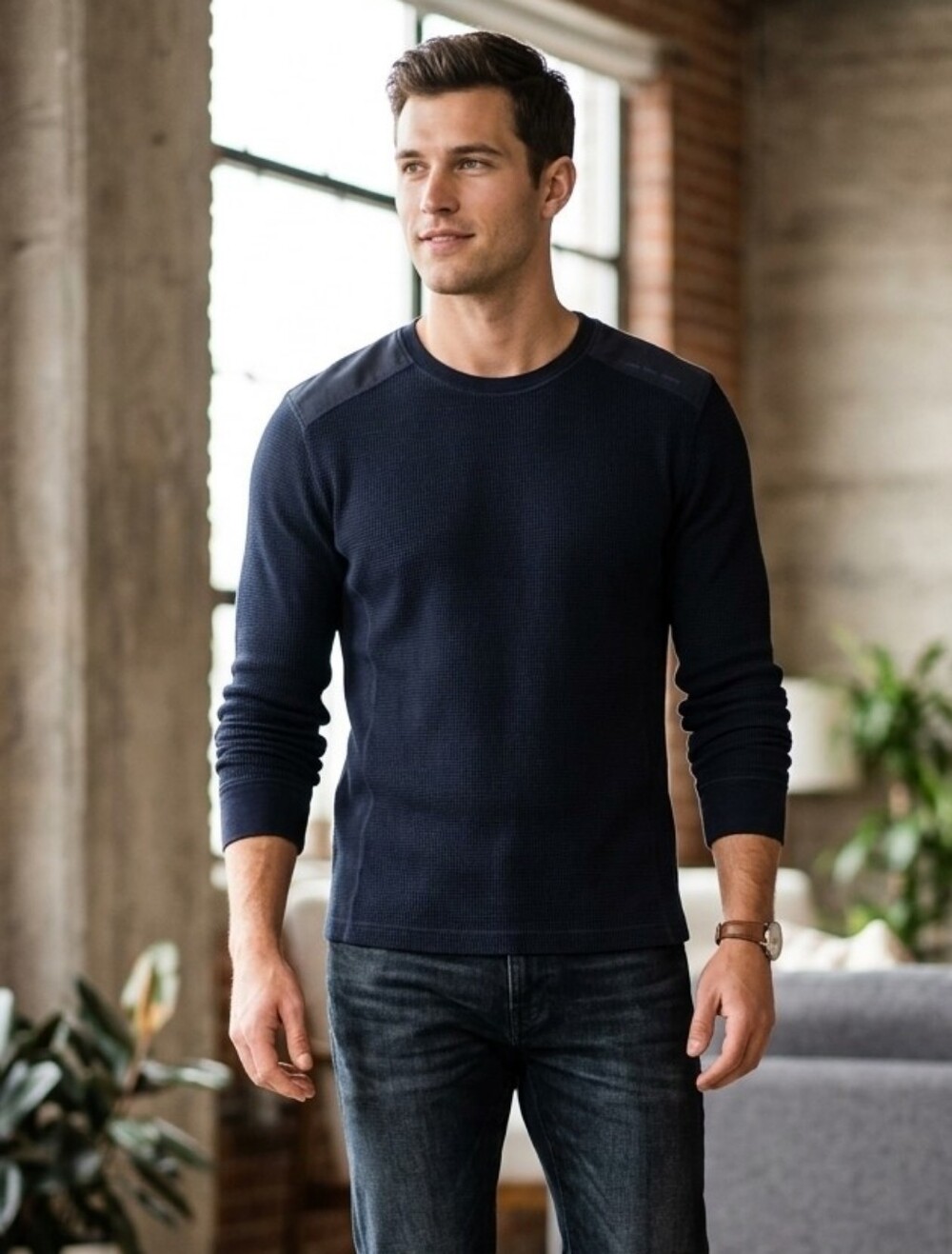 Calvin Klein Contrast Panel Shoulder Long-Sleeve Thermal Waffle-Knit-Med #091